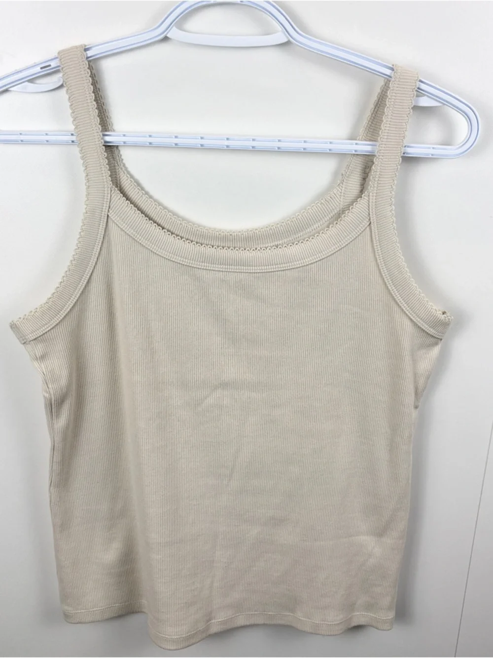 Old Navy 90s Ribbed Lace-Trim Tank Scoop Neck Wide Straps Ivory Women's L White - Picture 2 of 7